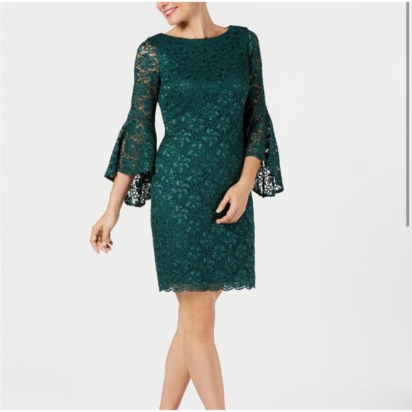 Jessica Howard Dresses & Skirts - NEW Jessica Howard Dramatic Bell-Sleeve Glitter Hunter Green Lace Dress 16